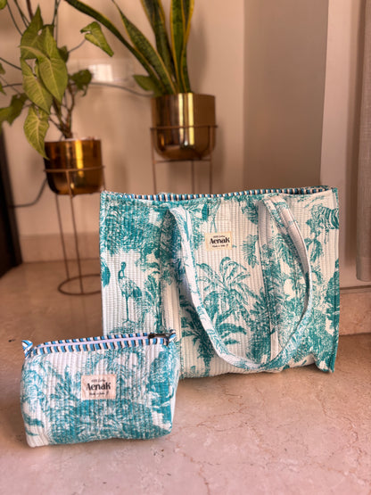 Teal Jungle Quilted Cotton Travel Bag + Vanity Pouch