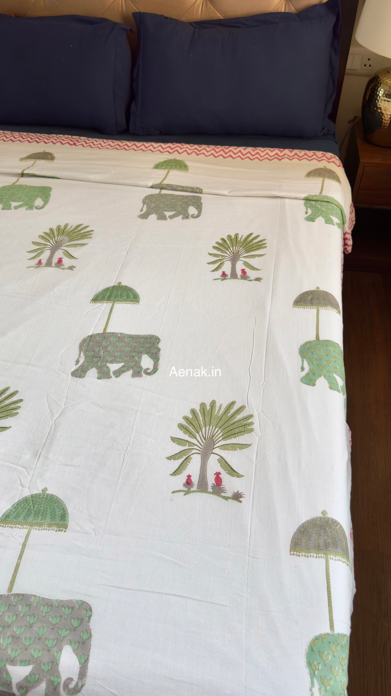 Green Elephant Handblock Bedsheet + Dohar Combo Set