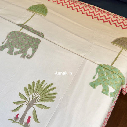 Green Elephant Handblock Bedsheet + Dohar Combo Set