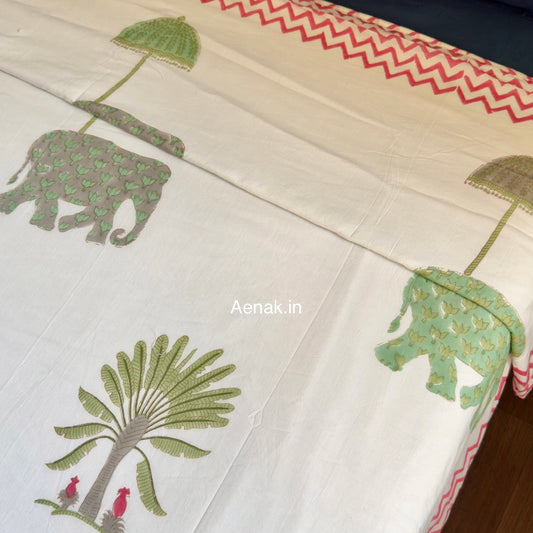 Green Elephant Handblock Mulmul Cotton Reversible Dohar