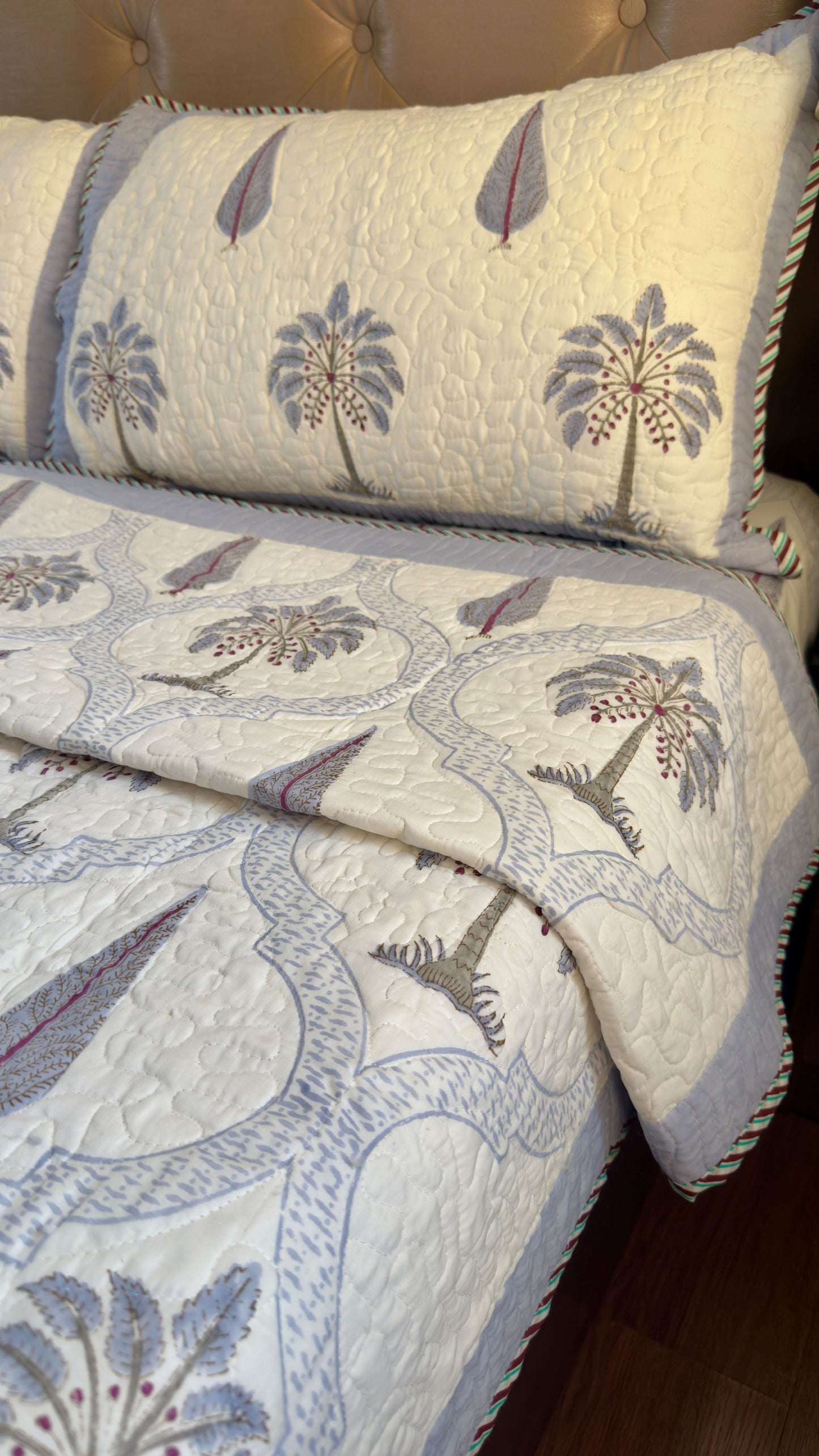 Blue Palm Jaal Handblock Bedsheet + Quilted Bedcover Combo Set