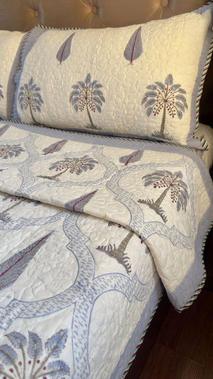 Blue Palm Jaal Handblock Bedsheet + Quilted Bedcover Combo Set