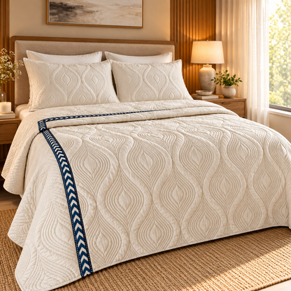 White Embossed Quilted Bedcover with Blue Lace