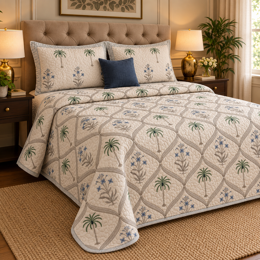 Blue Floral Palm Jaal Handblock Reversible Quilted Bedcover Set