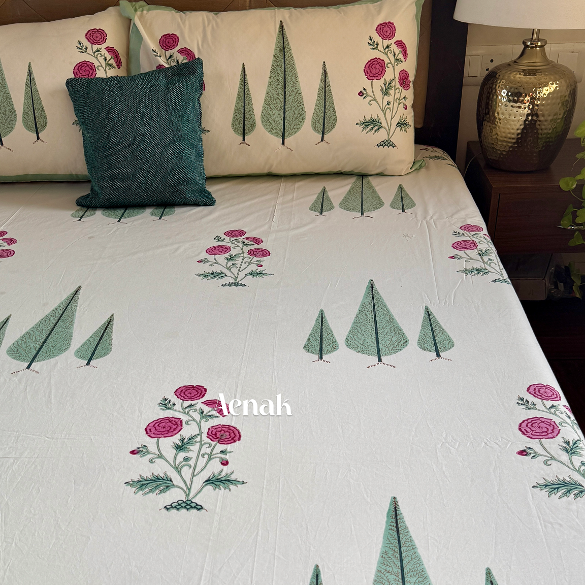 Ivory base 300 TC premium cotton bedsheet with magenta and green handblock prints by Aenak