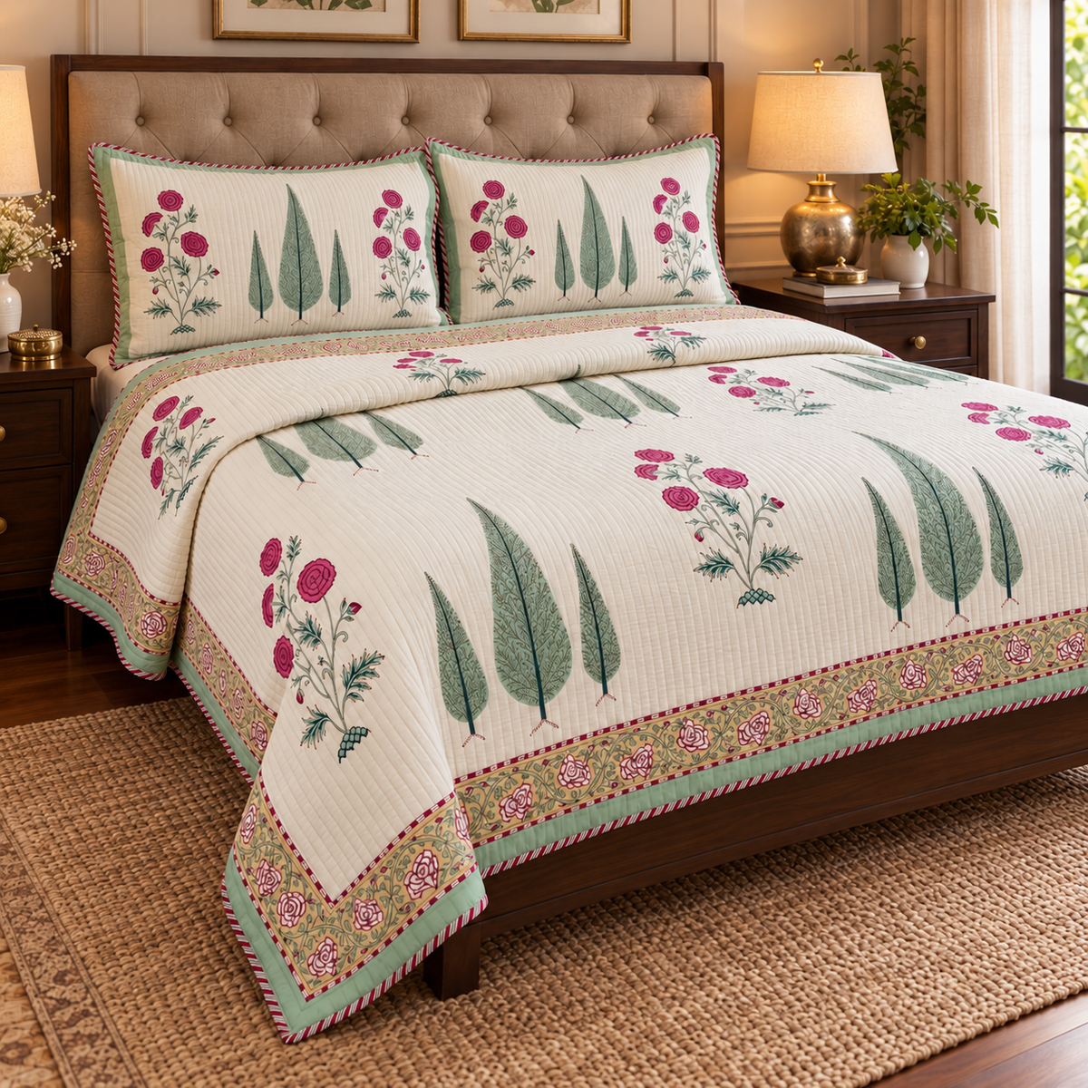 Magenta Floral Garden Handblock Bedsheet + Quilted Bedcover Combo Set (Light Cream Base)