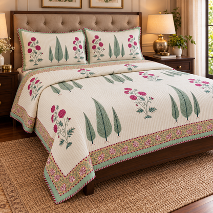 Magenta Floral Garden Handblock Bedsheet + Quilted Bedcover Combo Set (Light Cream Base)