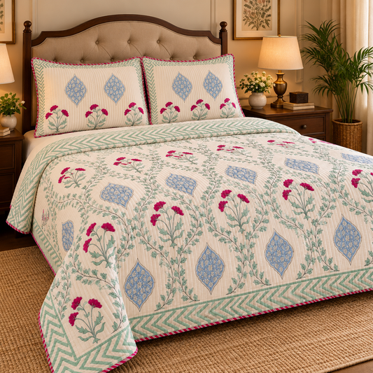 Pink Poppy Reversible Straight Quilted Bedcover Set ( Light Beige Base)