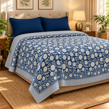 Blue Floral Garden Handblock Mulmul Cotton Reversible Dohar