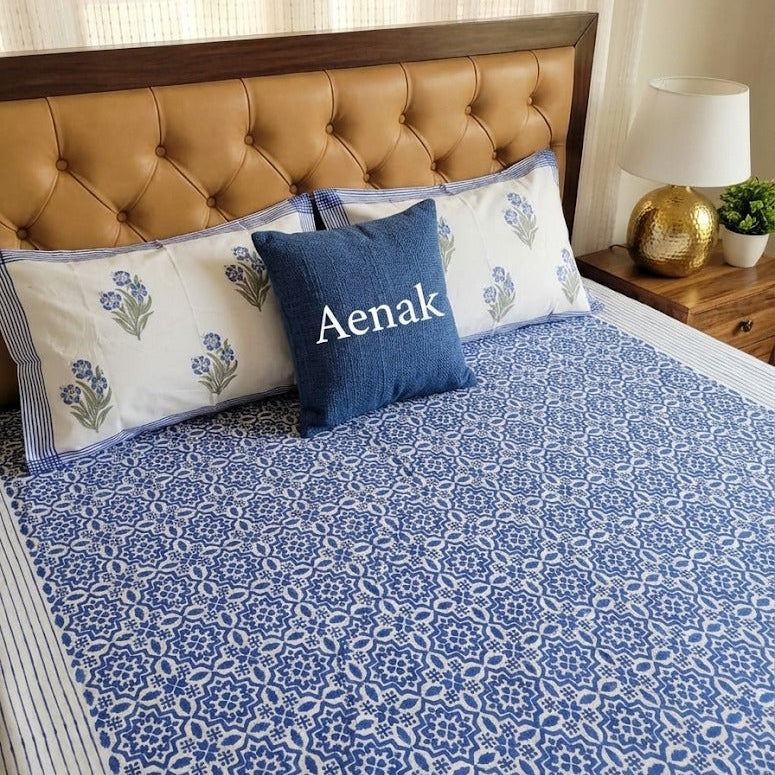 Green and blue 300 TC premium cotton bedsheet with handblock prints by Aenak