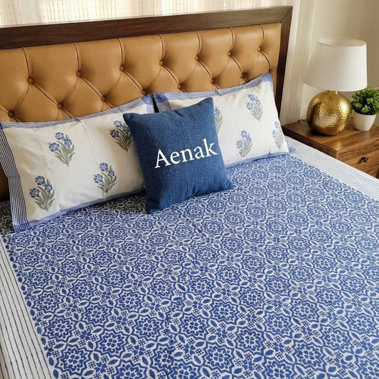 Green and blue 300 TC premium cotton bedsheet with handblock prints by Aenak