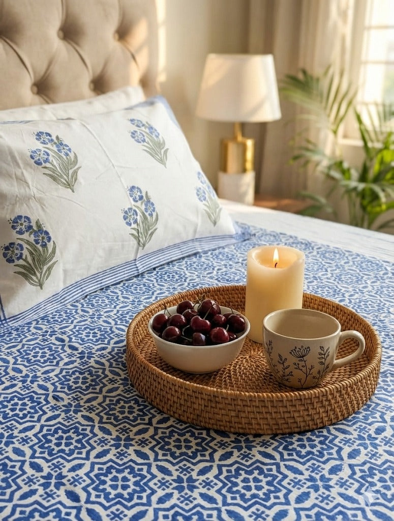 Aenak organic percale cotton bedsheet in green and blue handblock print