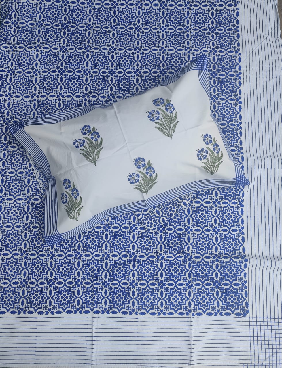 Handblock printed cotton bedsheet with reversible pillow covers in green and blue
