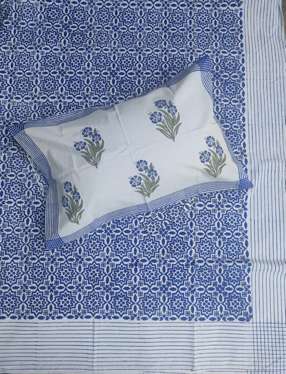 Handblock printed cotton bedsheet with reversible pillow covers in green and blue