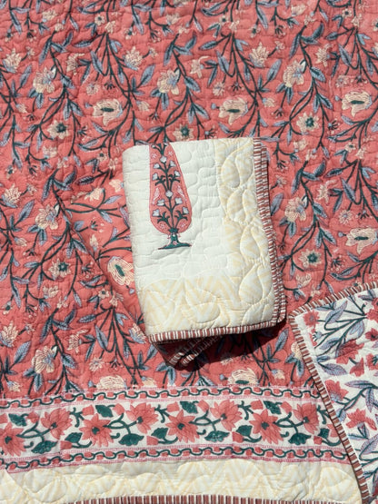 Dark Peach Handblock Reversible Quilted Cotton Bedcover Set