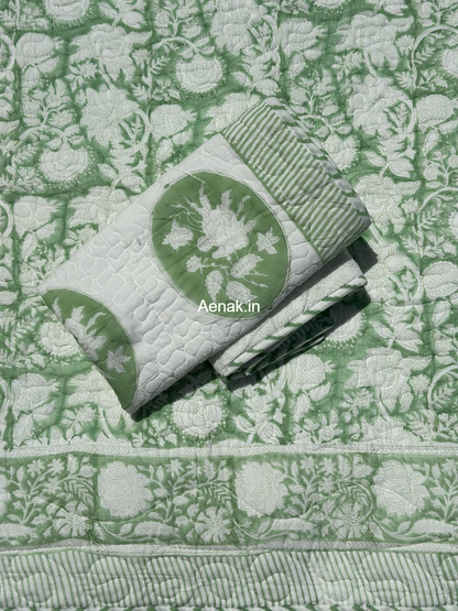 Green Garden Handblock Reversible Quilted Bedcover Set