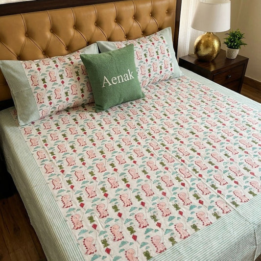 Green and pink 300 TC premium cotton bedsheet with handblock prints by Aenak