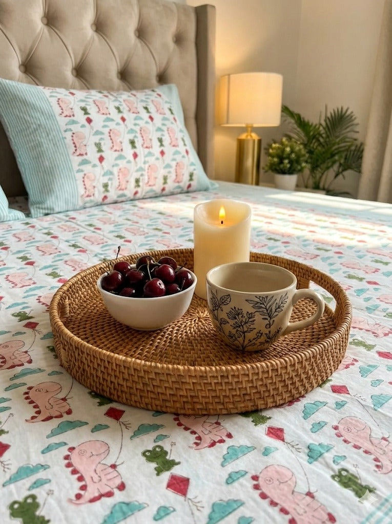 Aenak organic percale cotton bedsheet in green and pink handblock print