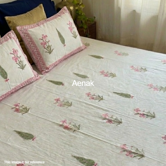 Pink and green 300 TC premium cotton bedsheet with handblock prints by Aenak