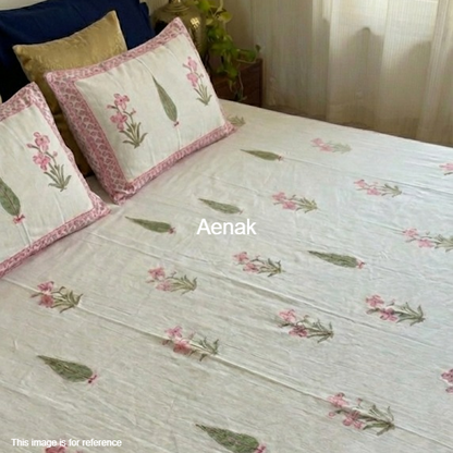 Pink and green 300 TC premium cotton bedsheet with handblock prints by Aenak