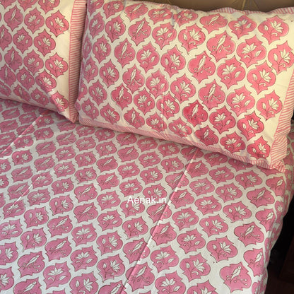 Pink and white 300 TC premium cotton bedsheet with handblock prints by Aenak
