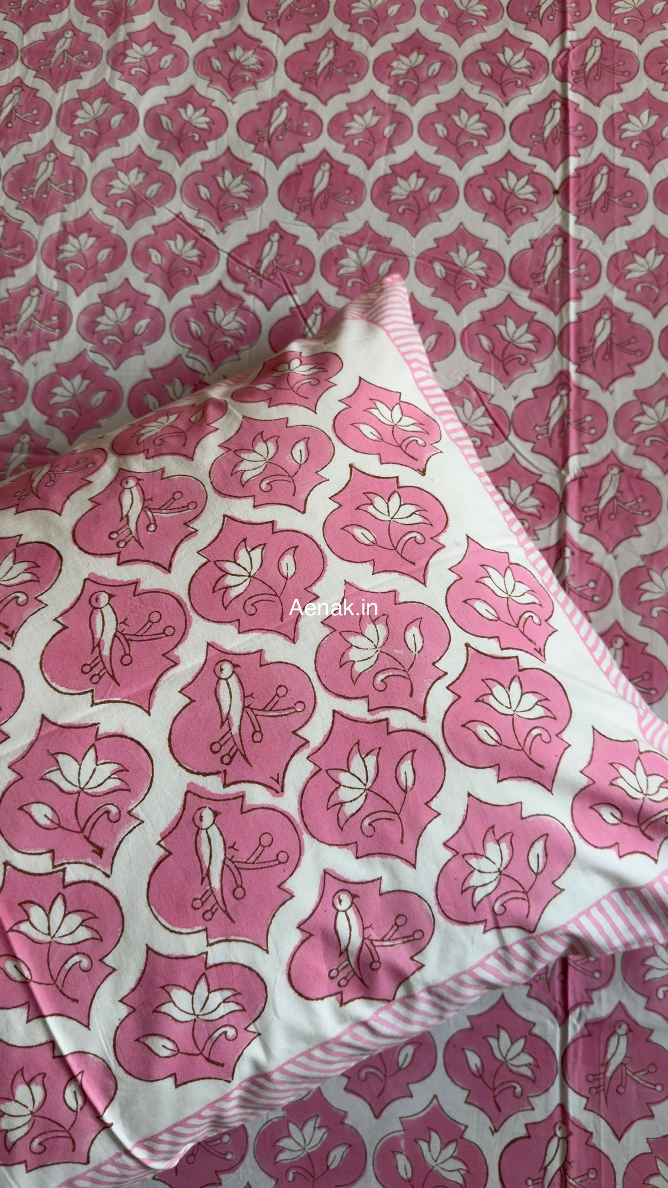 Custom fitted cotton bedsheet in 300 TC percale cotton with Jaipuri style print by Aenak