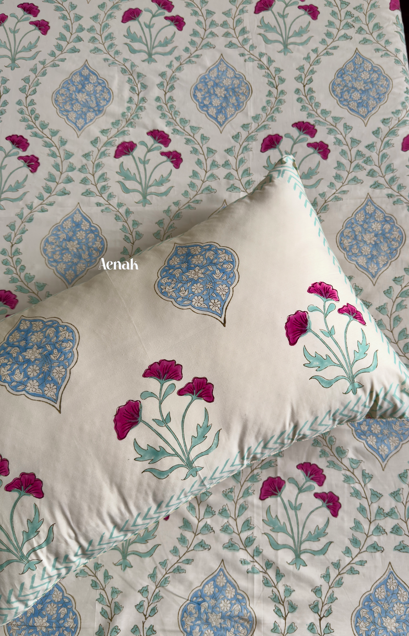 King size 300 TC percale cotton bedsheet with Jaipuri style handblock print by Aenak