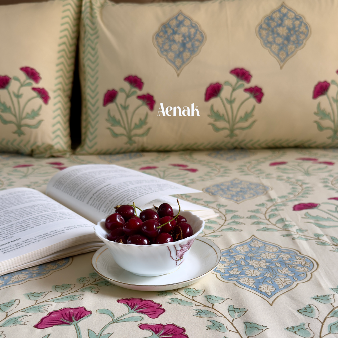 Beige base 300 TC premium cotton bedsheet with pink sage green and blue handblock prints by Aenak