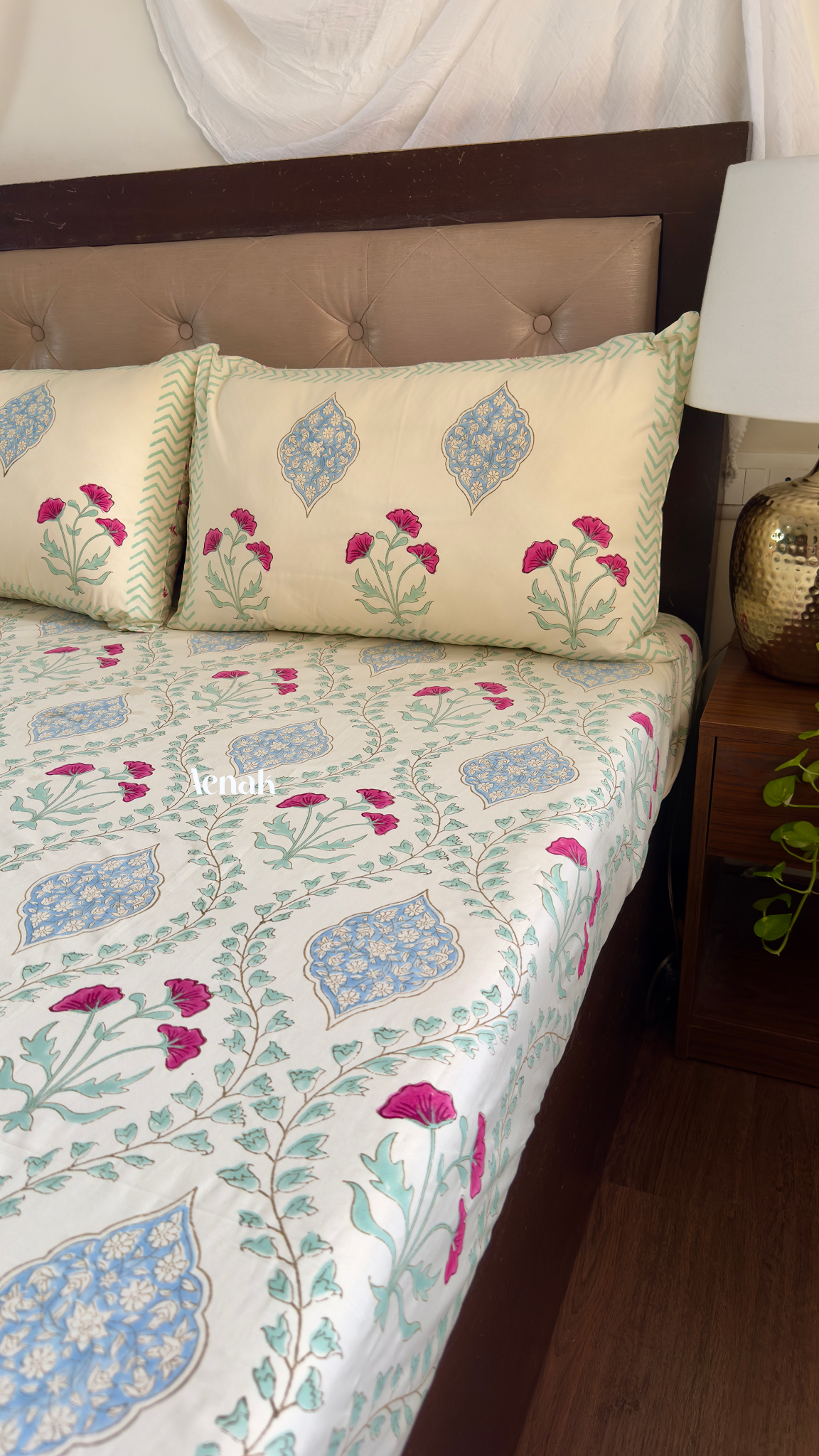 Aenak organic percale cotton bedsheet with beige base pink sage green and blue print