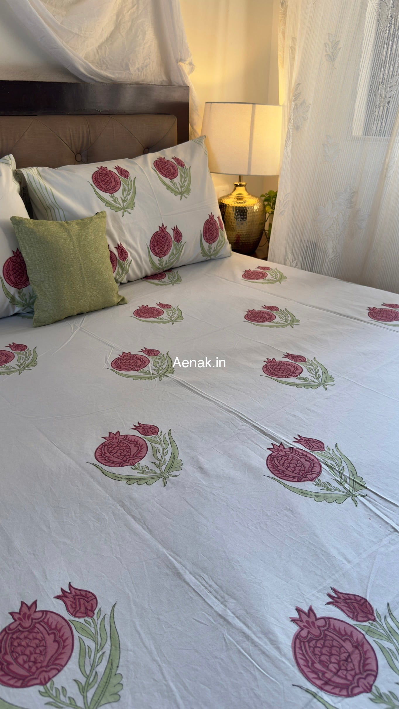 Custom fitted cotton bedsheet in 300 TC percale cotton with Jaipuri style print by Aenak