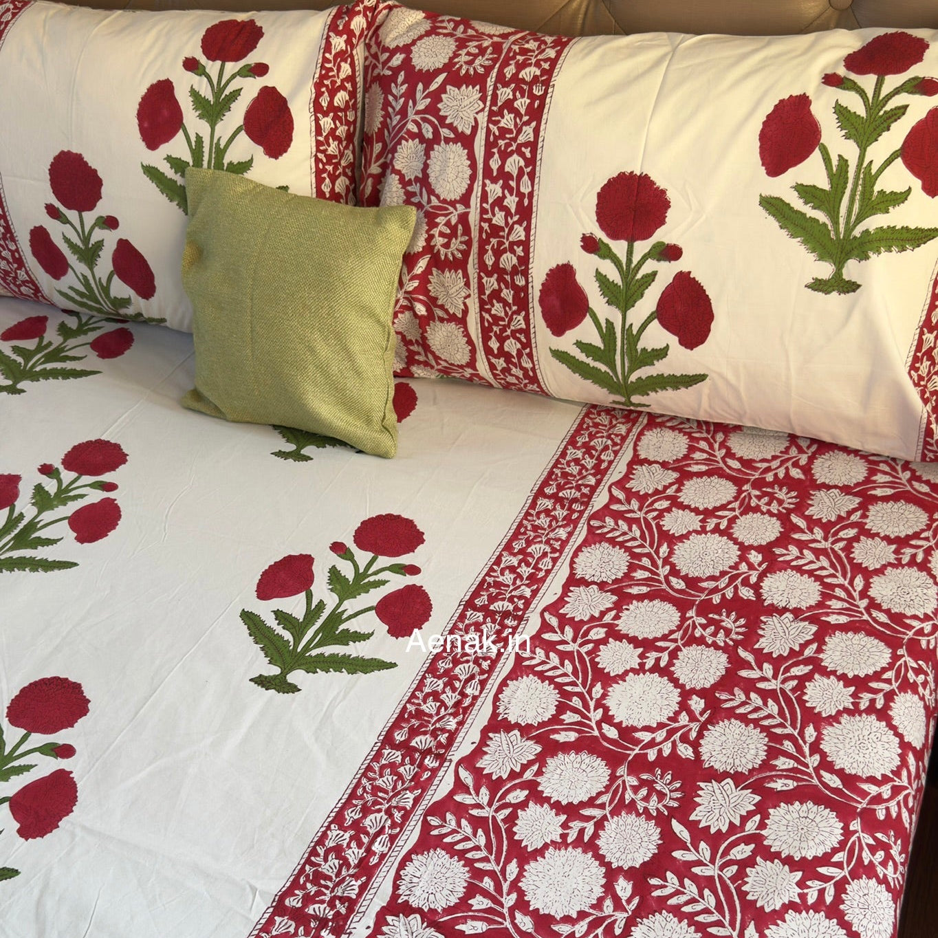 Red and green 300 TC premium cotton bedsheet with handblock prints by Aenak