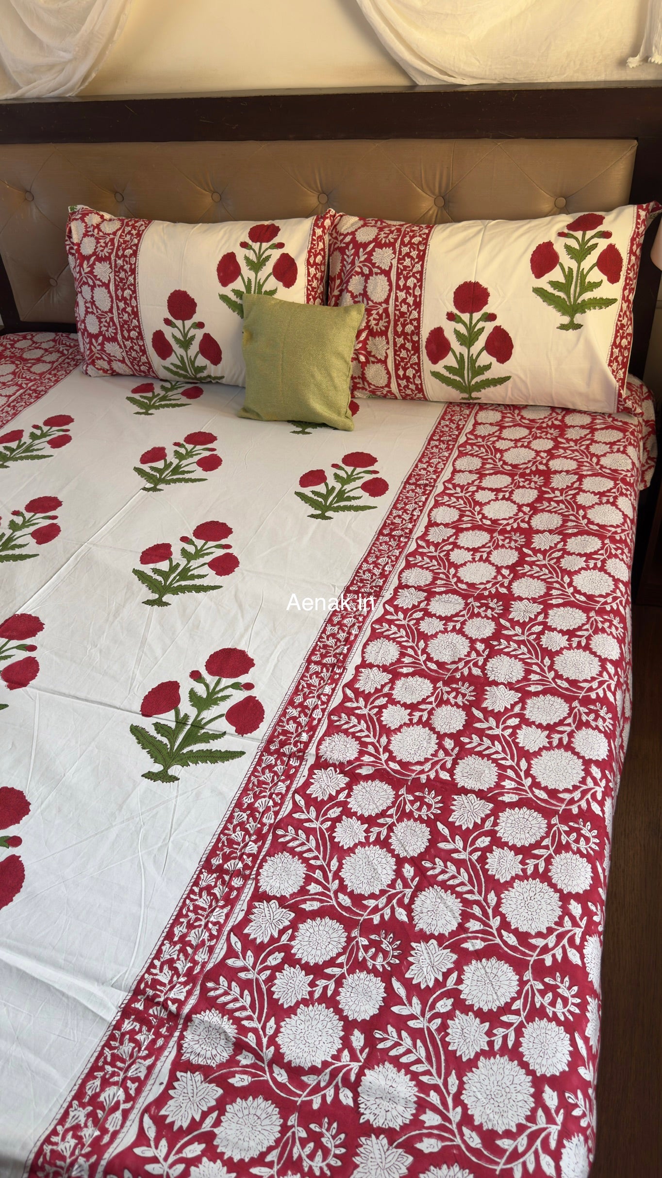 Custom fitted cotton bedsheet in 300 TC percale cotton with Jaipuri style print by Aenak