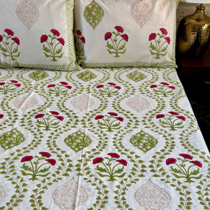 Green and red 300 TC premium cotton bedsheet with handblock prints by Aenak