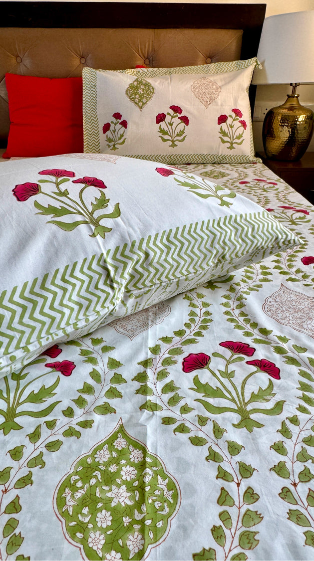 Custom fitted cotton bedsheet in 300 TC percale cotton with Jaipuri style print by Aenak
