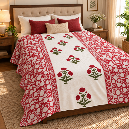Red Dahlia Gadd Handblock Mulmul Cotton Reversible Dohar