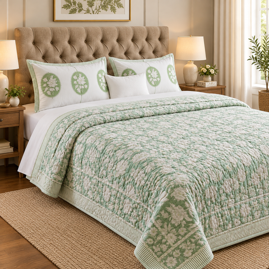 Green Garden Handblock Reversible Quilted Bedcover Set