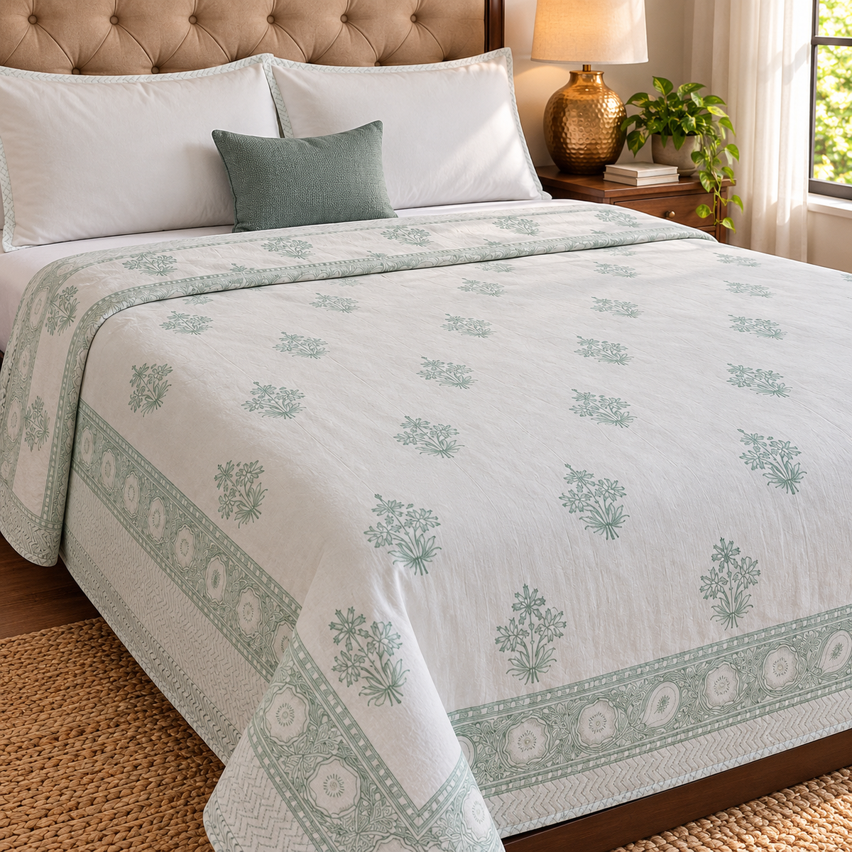 Sea Green Blossom Handblock Mulmul Cotton Reversible Dohar