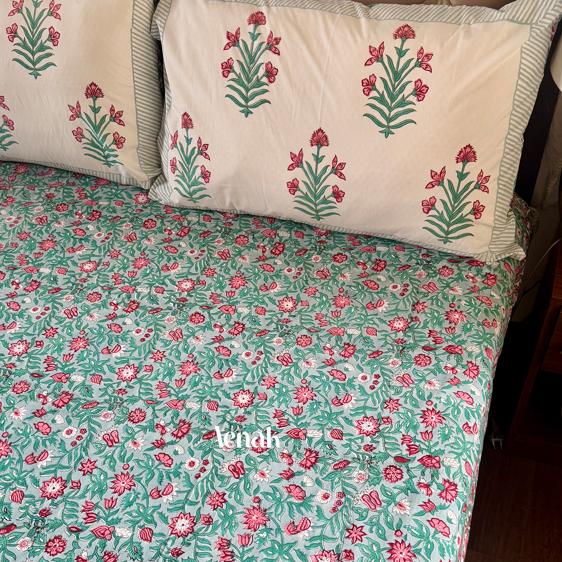 Sage green pink and red 300 TC premium cotton bedsheet with handblock prints by Aenak