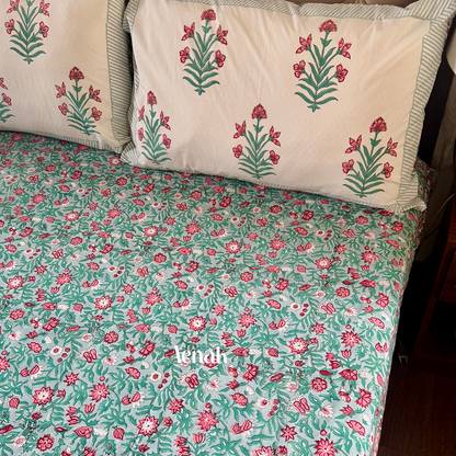 Sage green pink and red 300 TC premium cotton bedsheet with handblock prints by Aenak