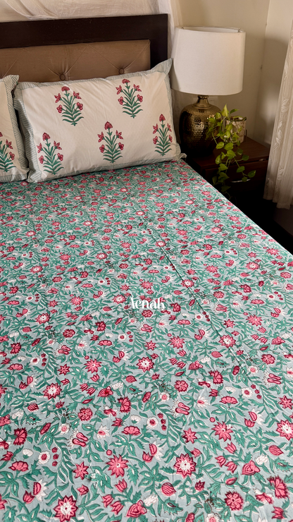 Aenak organic percale cotton bedsheet in sage green pink and red handblock print