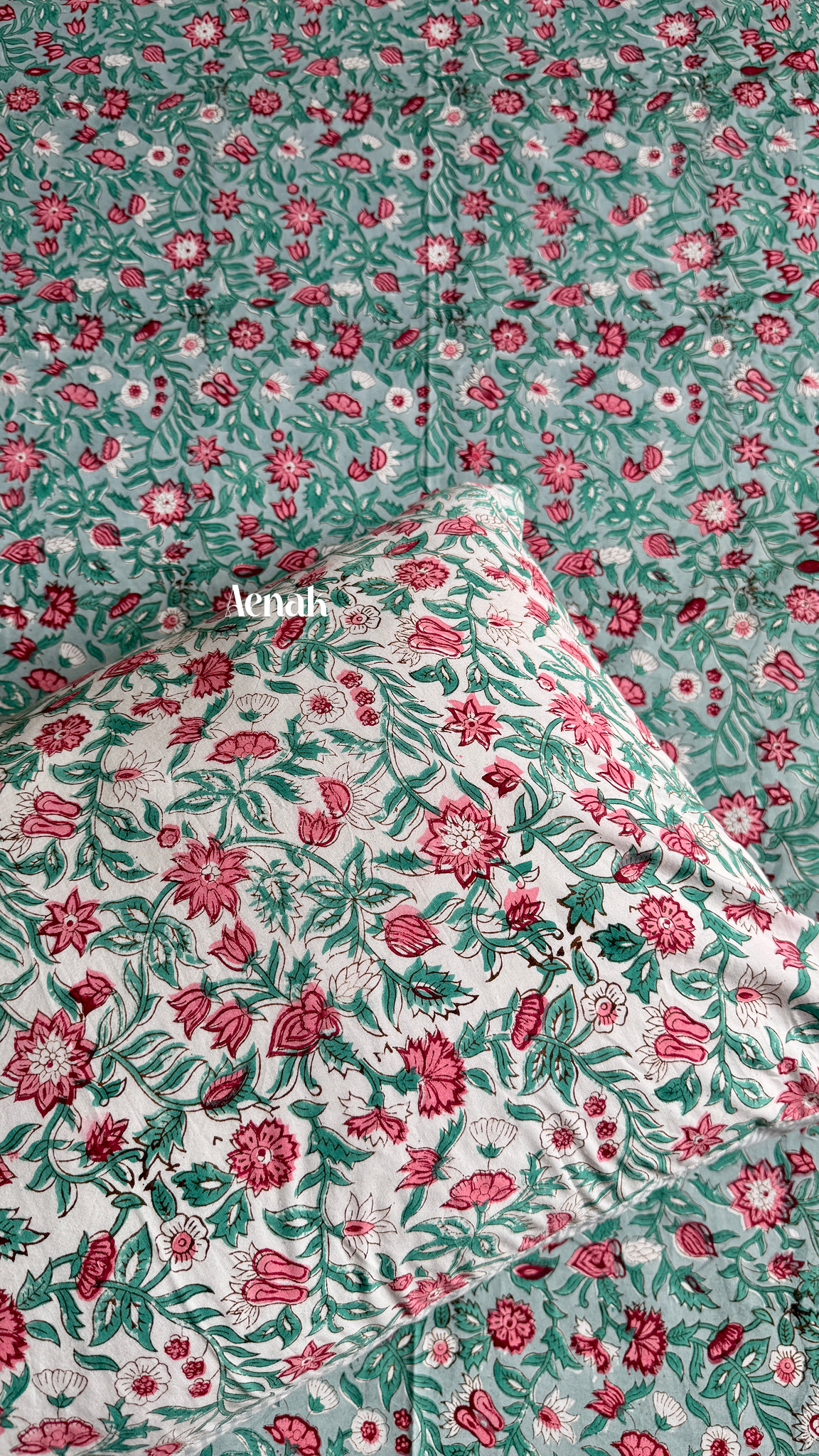 Handblock printed cotton bedsheet with reversible pillow covers in sage green pink and red