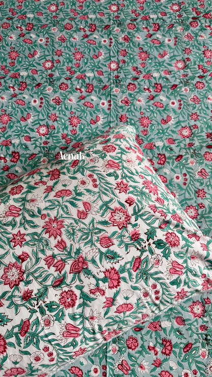 Handblock printed cotton bedsheet with reversible pillow covers in sage green pink and red