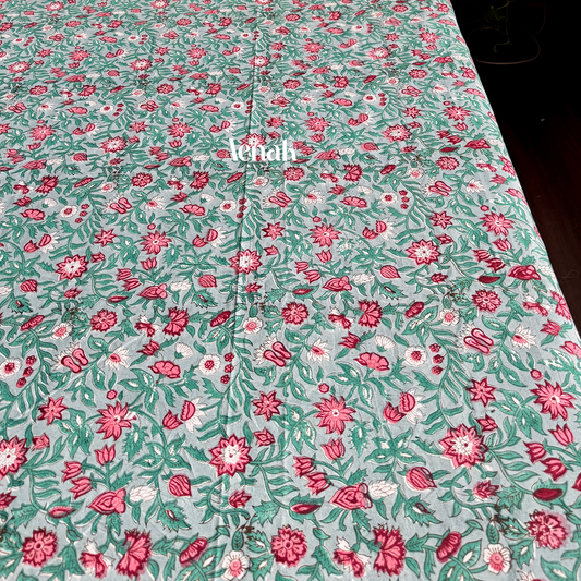 Custom fitted cotton bedsheet in 300 TC percale cotton with Jaipuri style print by Aenak