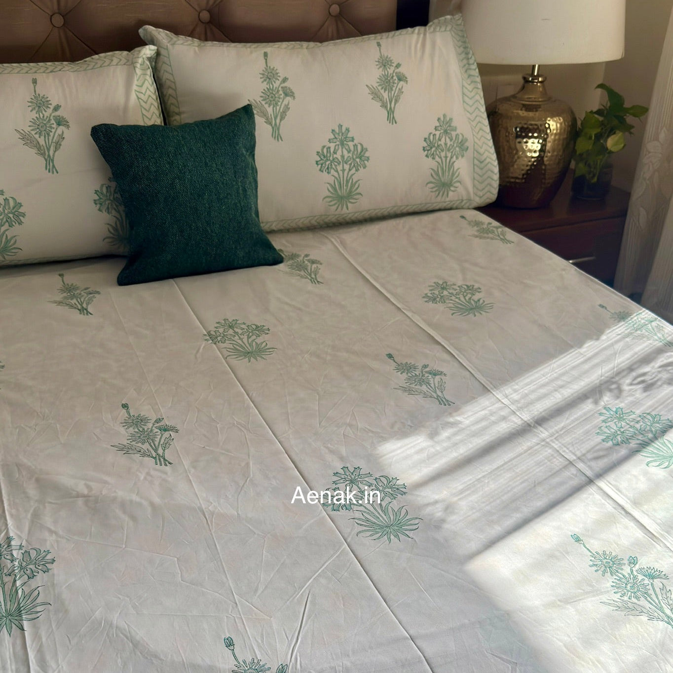 Sea green 300 TC premium cotton bedsheet with handblock prints by Aenak