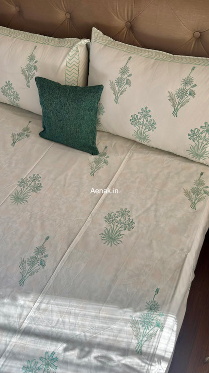 Handblock printed cotton bedsheet with reversible pillow covers in sea green