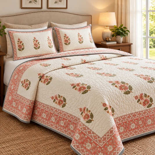 Peach Phool Boota Handblock Reversible Quilted Bedcover Set
