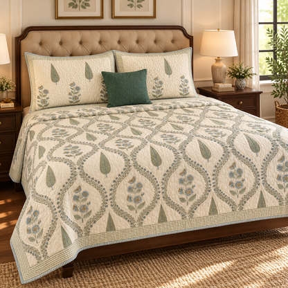 Blue Periwinkle Jaal Handblock Reversible Quilted Bedcover Set