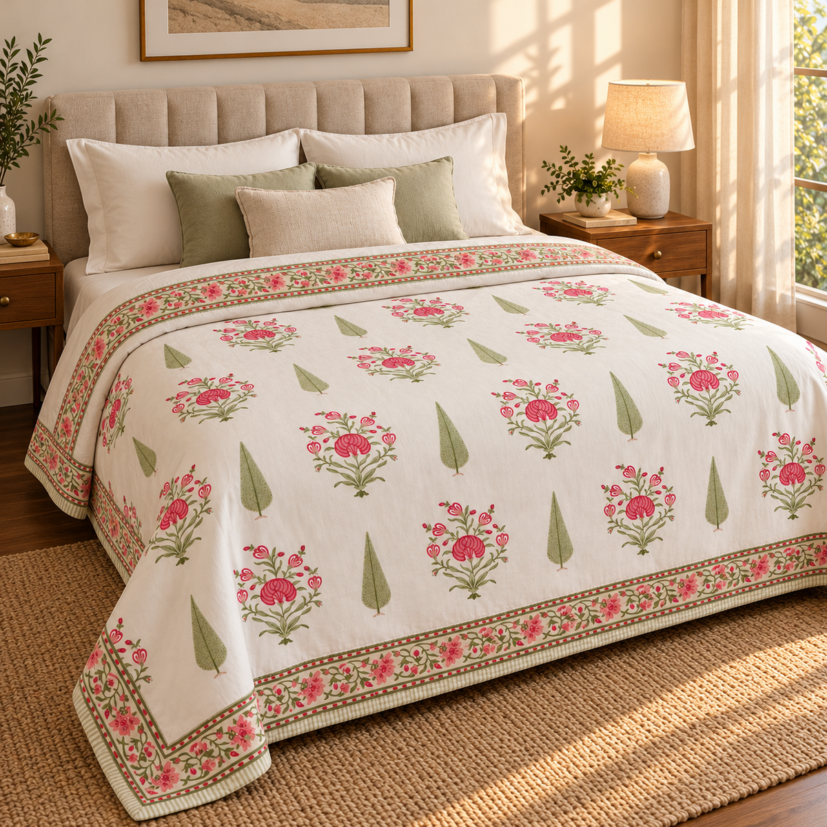 Pink Phool Green Cypress Handblock Mulmul Cotton Reversible Dohar