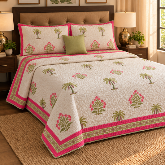 Pink Royal Pani Jaal Handblock Reversible Quilted Cotton Bedcover Set