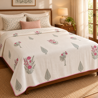 Green Ashoka Handblock Mulmul Cotton Reversible Dohar (Beige Base)